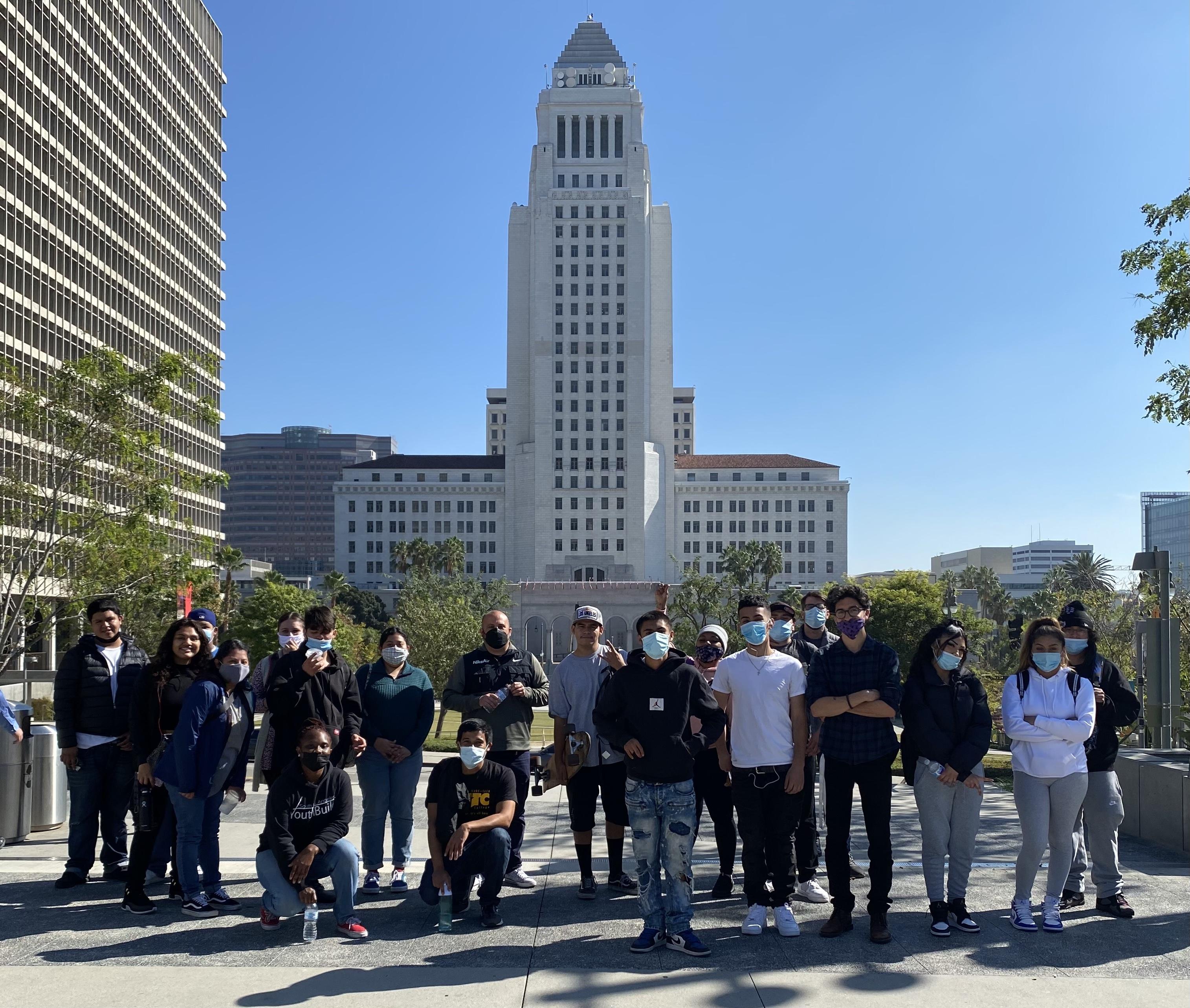 Students pose outside of Grand Park