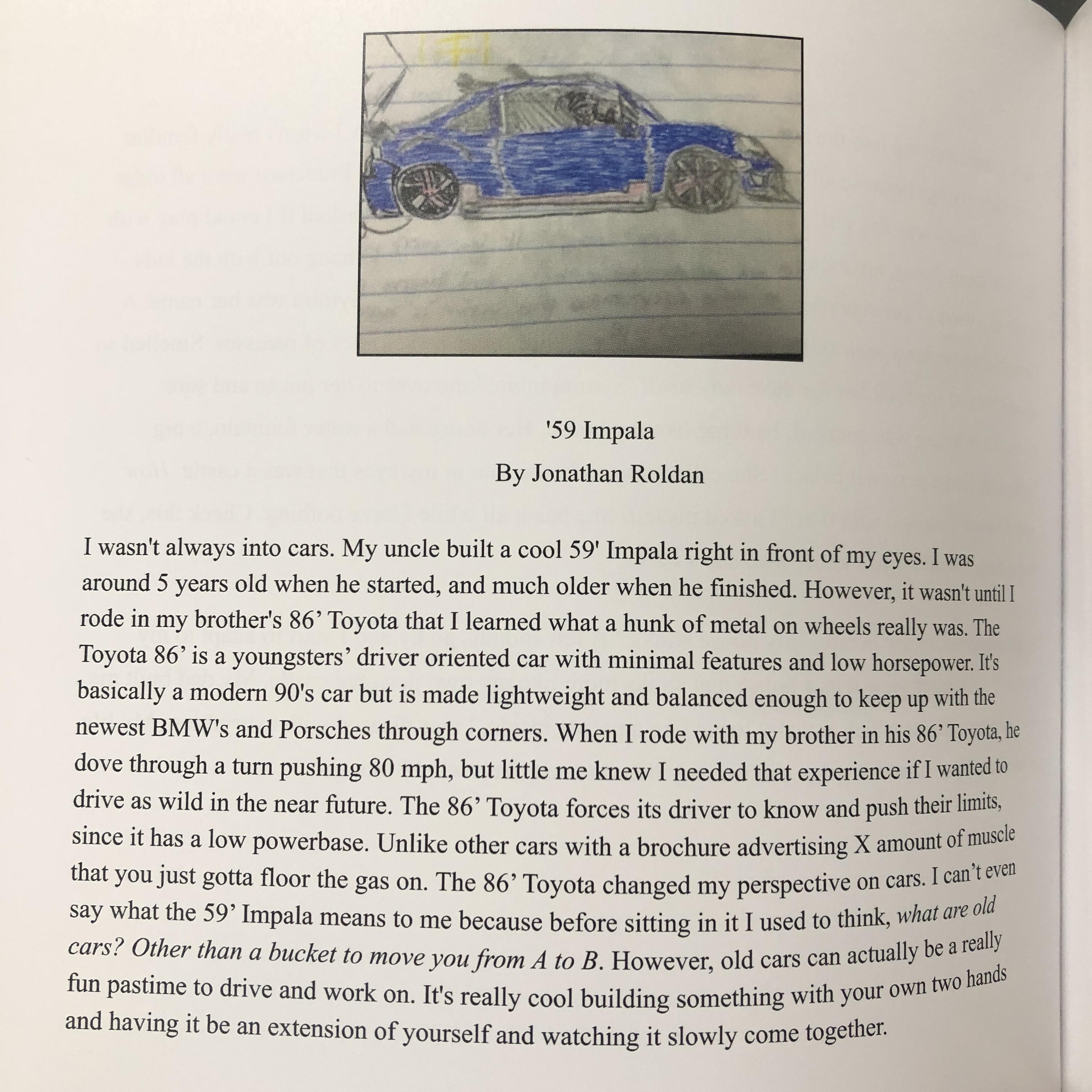 A piece of student writing called "59 Impala"