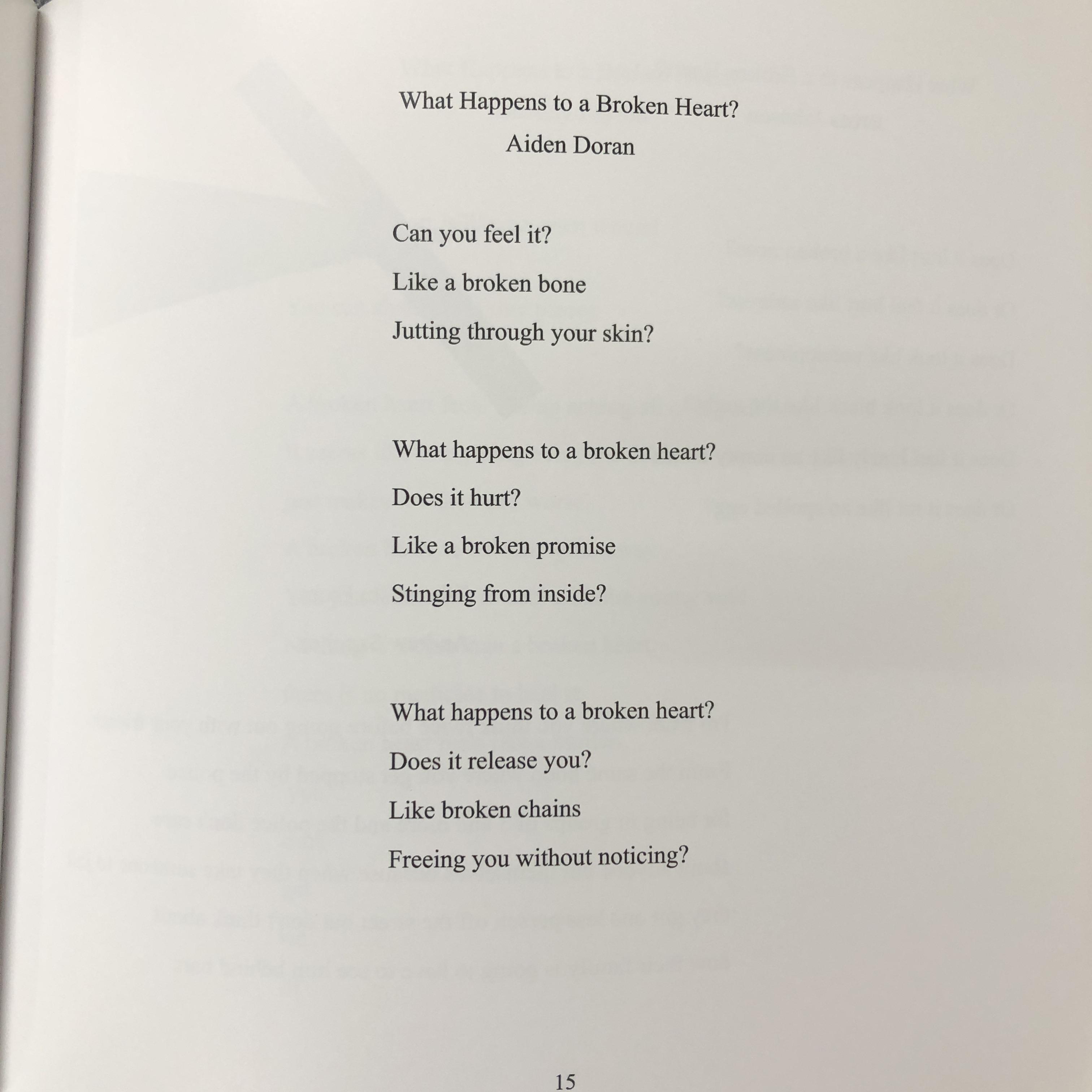 a poem titled "What Happens to a Broken Heart?" by student Aiden Doran