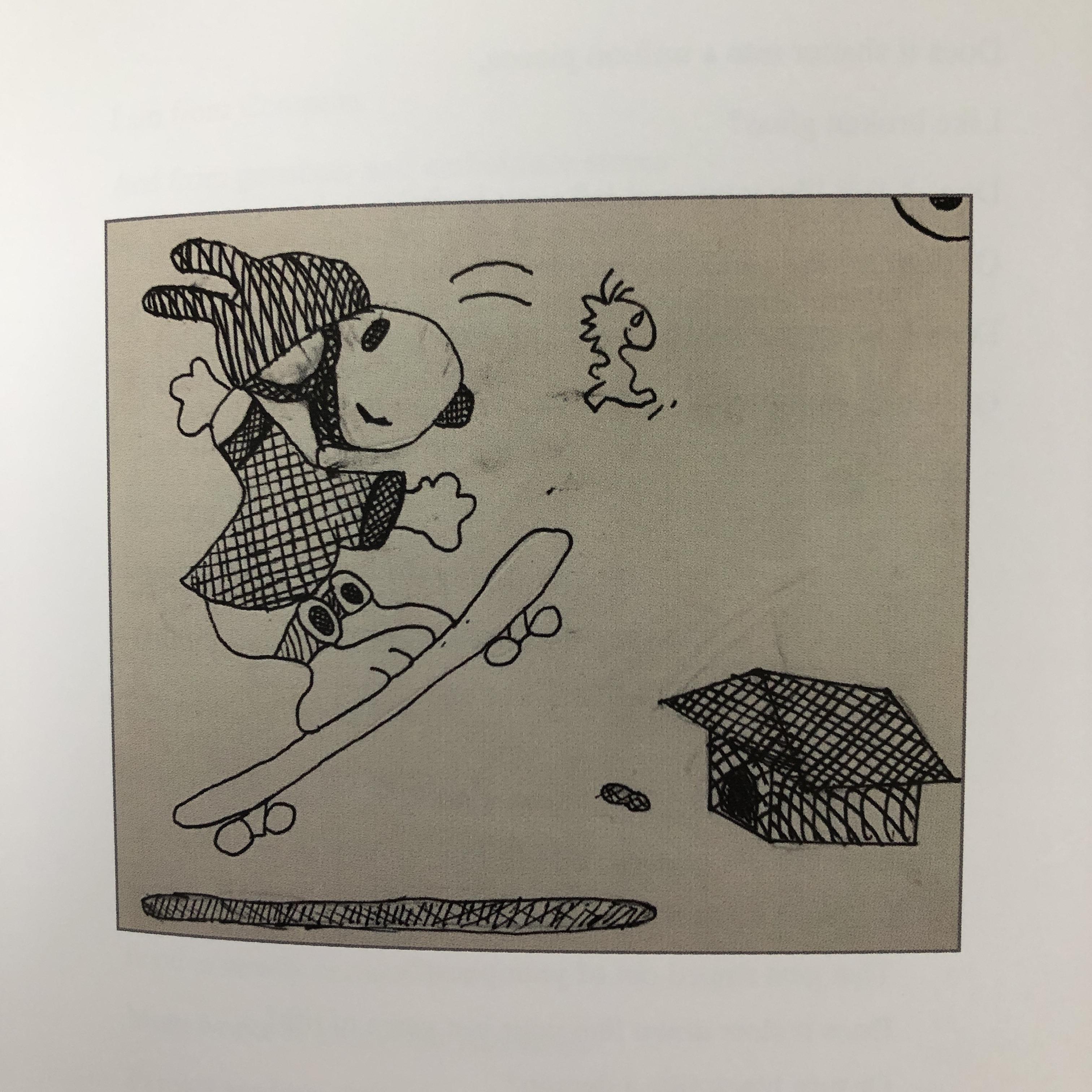 a student drawing of Snoopy riding a skateboard with Woodstock flying next to him