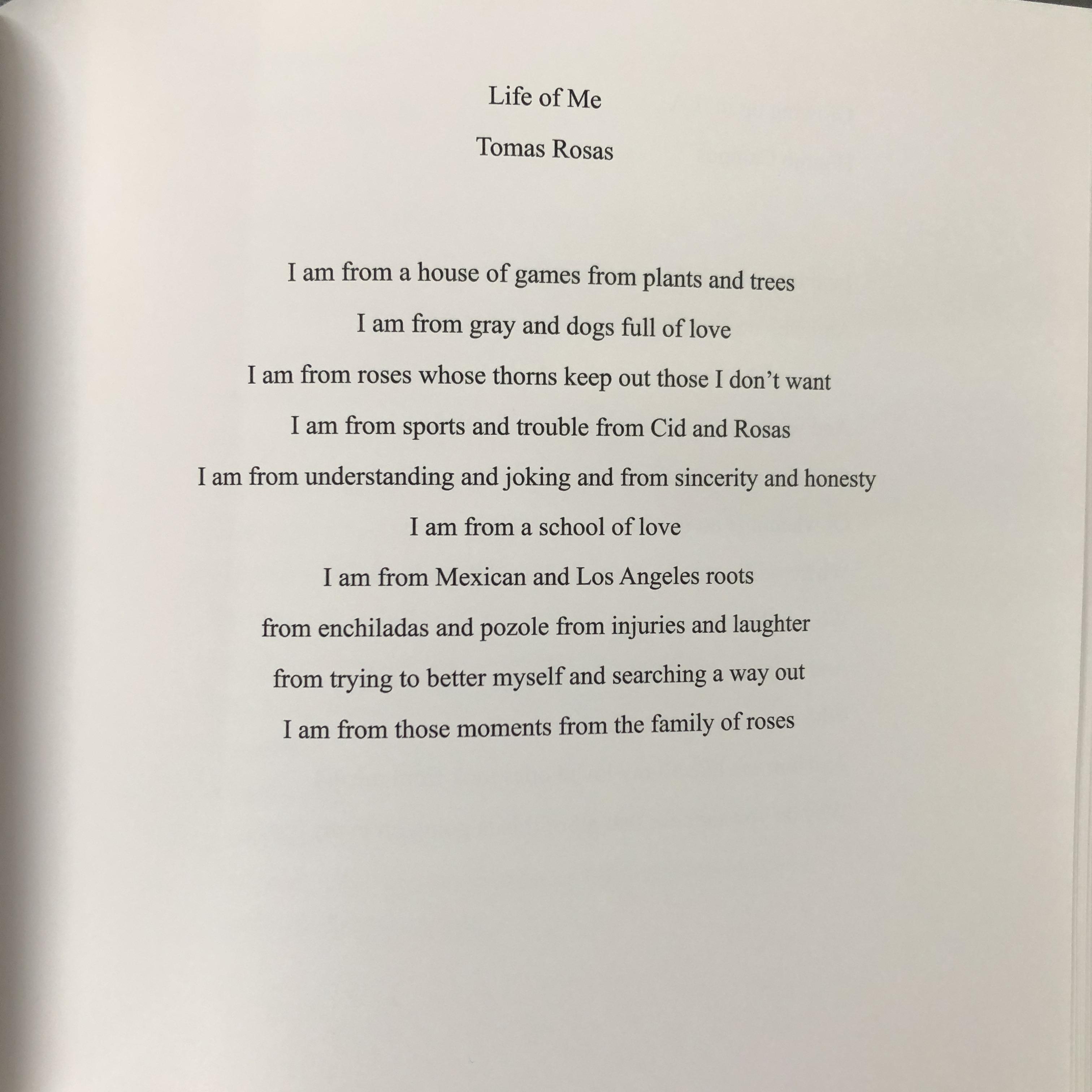 a piece of student writing titled "Life of Me" by Tomas Rosas