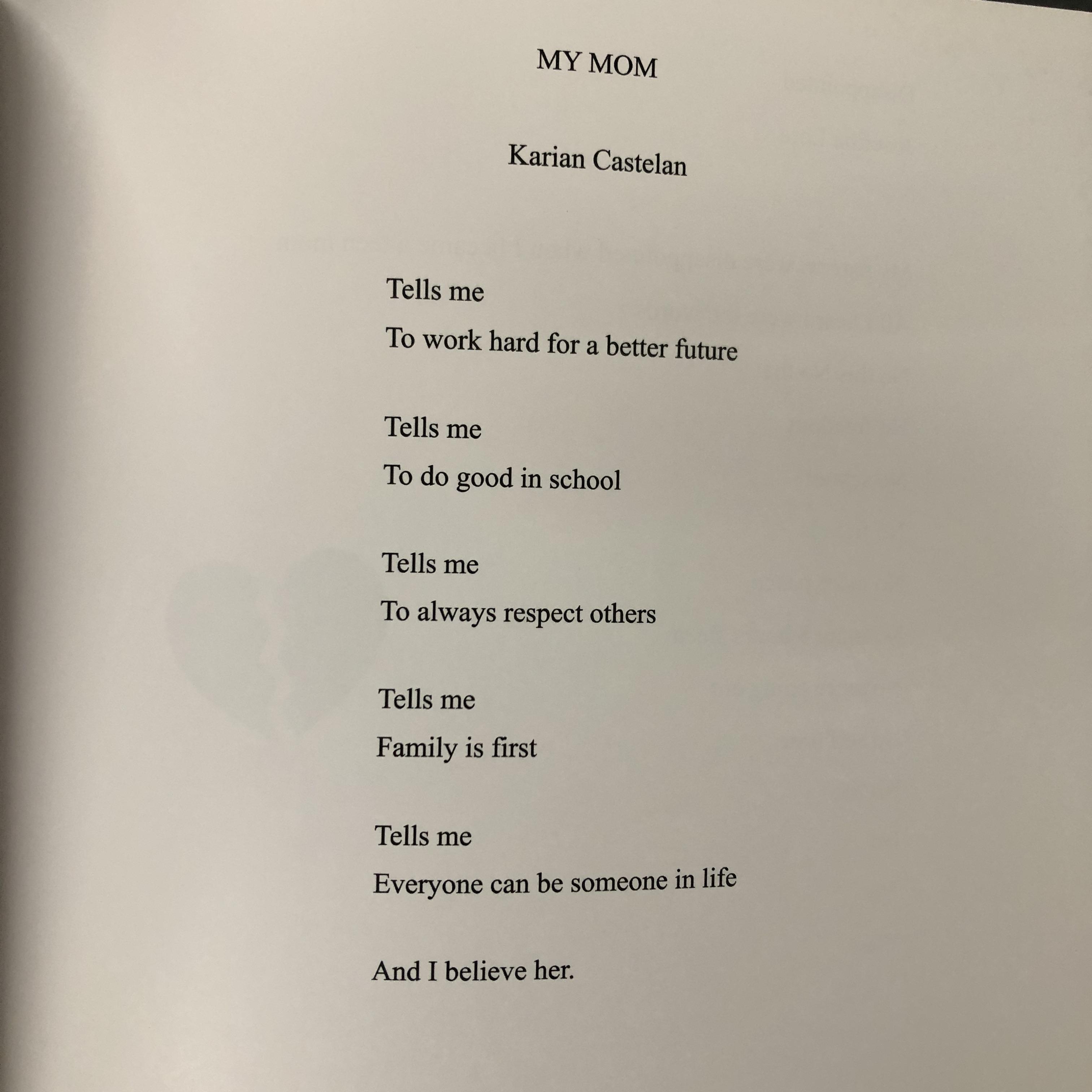 a student poem titled "My Mom" by Karian Castelan