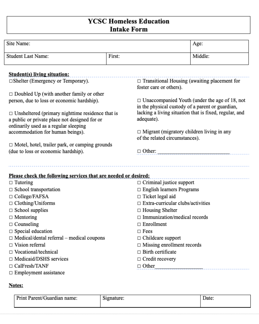 screenshot of our homeless education intake form